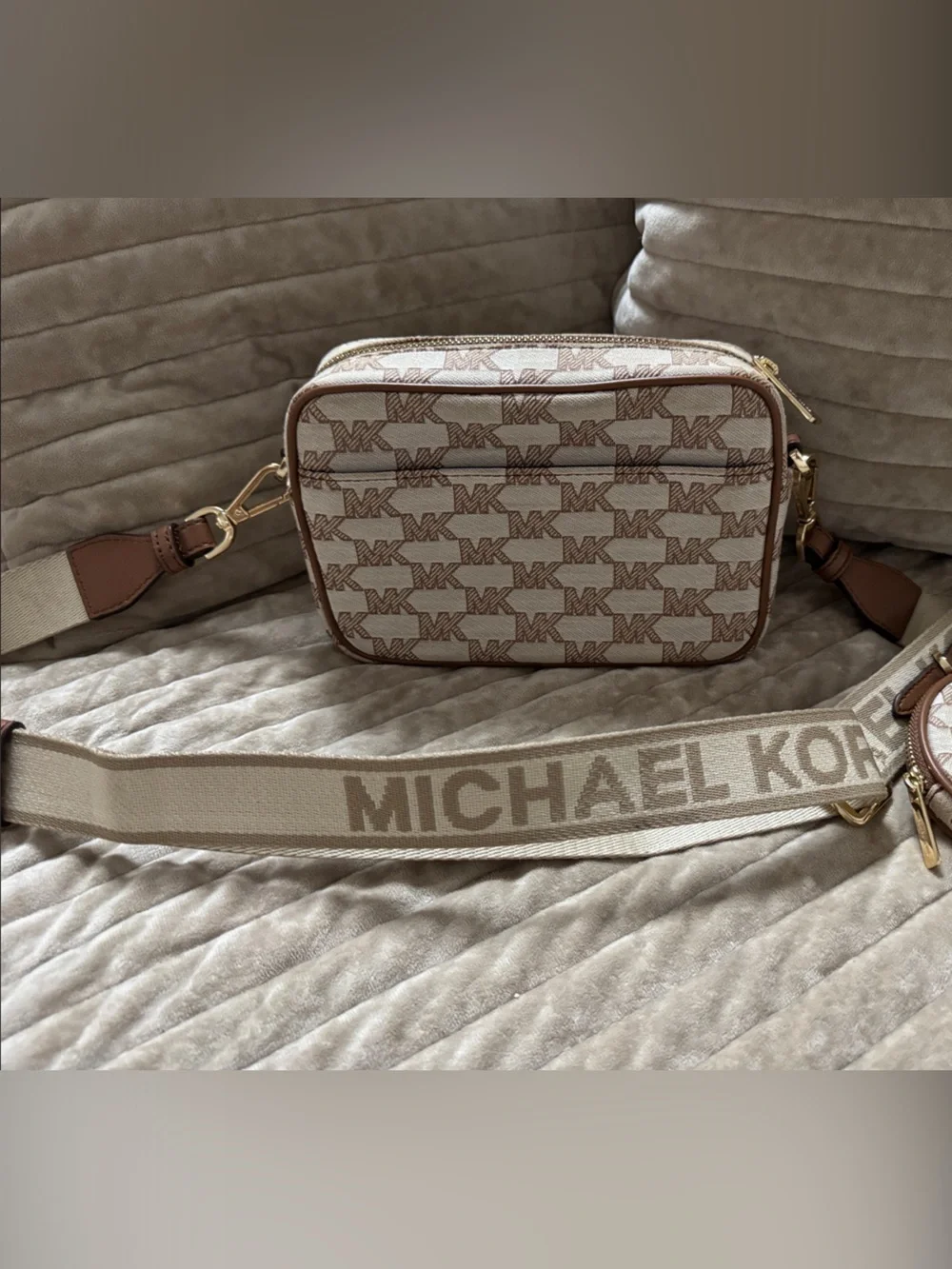 Michael Kors Beige & Brown Monogram Triple-Pocket Crossbody with Coin Pouch.